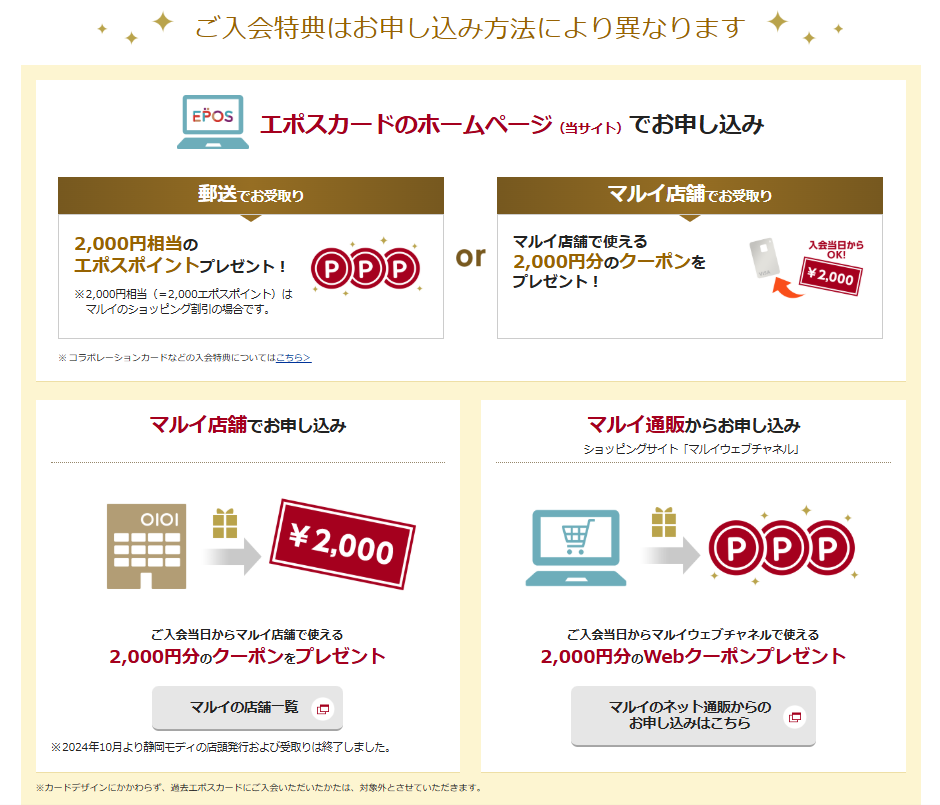 申し込み方法により異なる、新規入会特典の内容の説明